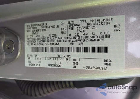 2020 Ford Escape Se z USA, uszkodzony, nr VIN 1FMCU9G67LUA85265